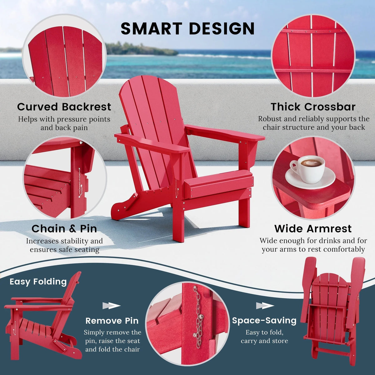 Polytrends Laguna Fade Resistant All Weather Outdoor Patio Folding Adirondack Chair