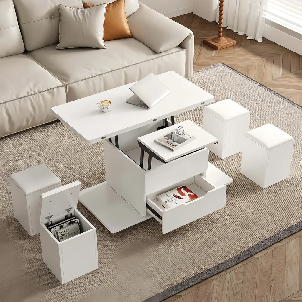 Foldable Lift-Top Coffee Table with 4 Stools & Storage