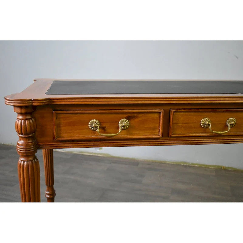 Dark Brown / Light Brown Victorian-Style Solid Mahogany Desk with Black Leather Top and 3 Drawers ?C Single Unit