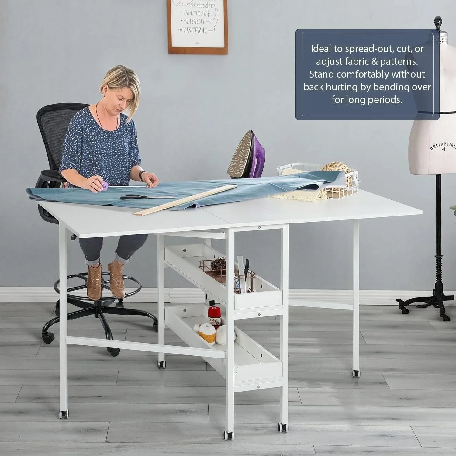 Height Adjustable Craft Table with Storage Shelves, Mobile Folding Cutting Table for Home Office Sewing Room Craft Room