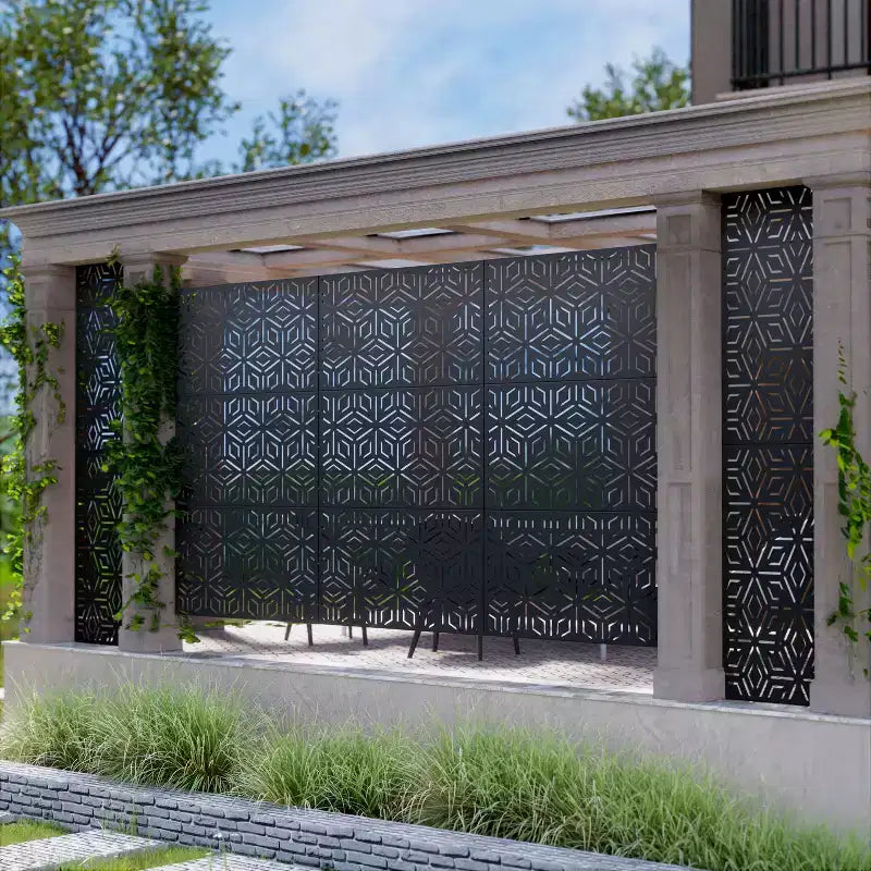 3-Panel Room Divider Screen with Geometric Pattern ?C Black Galvanized Steel