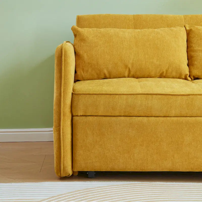 Yellow Chenille Fabric Pull-Out Sofa Bed Sleeper - 39.00 x 53.50 x 31.50