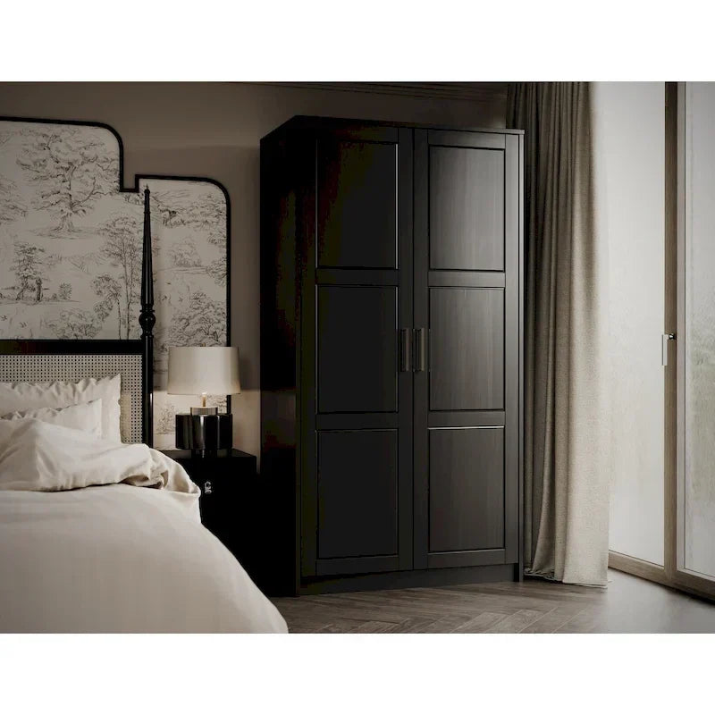100% Solid Wood 2-Door Urban Wardrobe Armoire with Solid and Mirrored Doors