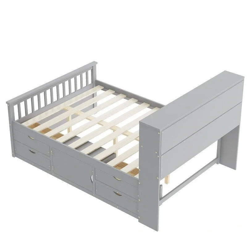 Twin/Full Size Captain Platform Bed with 4 Drawers and Storage Shelves, Solid Wood Bed Frame with Storage Bookcase Headboard