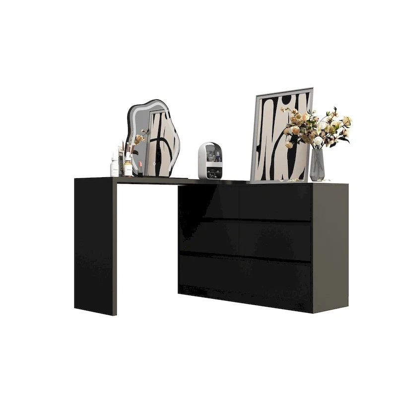 32.7H Rotating Dresser and Desk 6 Drawer Dresser Makeup Vanity White/Black